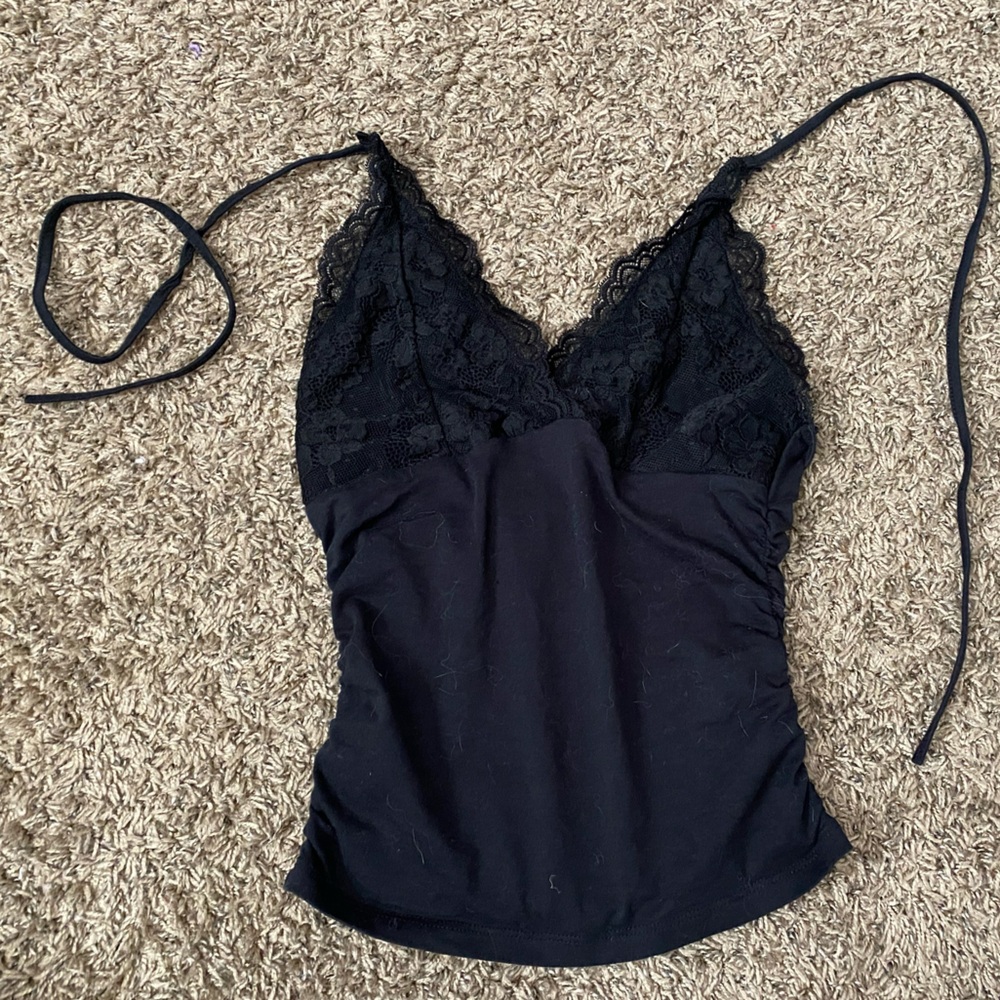 Y2k 2000s Slightly Cropped Tank Top Black With Lace